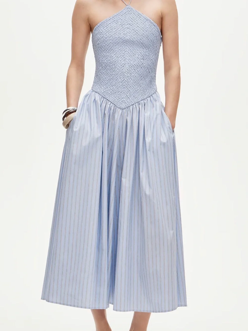 J. Crew Women’s Tall Smocked Halter Dress Stripe Blue Medium M Tall MT Maxi Midi